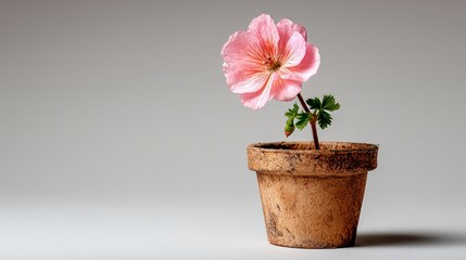 Minimalist background featuring elegant pink geraniums in an eco-friendly container for home d&eacute;cor inspiration