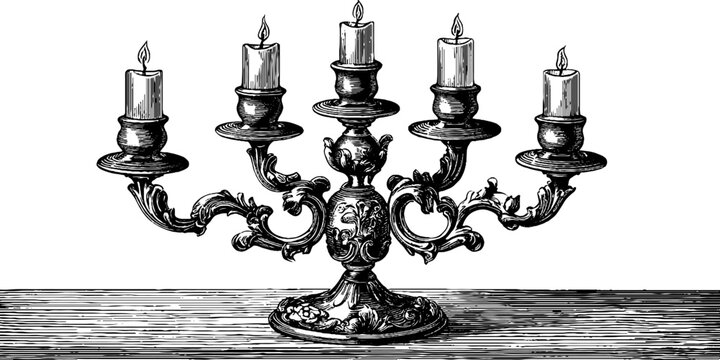 Vintage metal candelabra with botanical engraving silhouette for retro decor