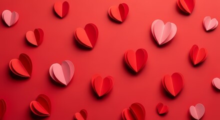 Red and pink paper hearts scattered on a red background