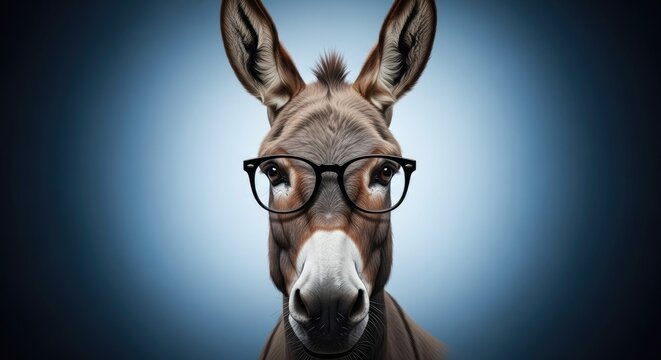 A curious donkey wearing black framed glasses against a gradient blue background