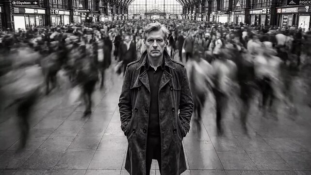 Man standing still amidst blurred crowd in a busy train station, captured from a high vantage point