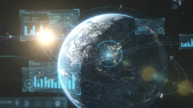 Digital earth planet hologram with futuristic hud interface screen