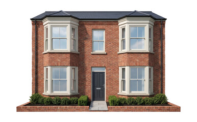 Obraz premium Townhouse with a classic red brick facade, large bay windows, and a small front garden.