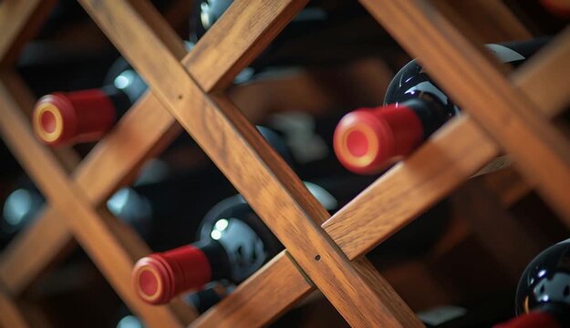 Wine bottles stored in wooden diamond-shaped wine rack, dark glass bottles with red and gold foil caps, horizontal bottle storage in rustic oak lattice shelving
