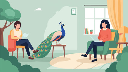 Two people relax indoors with a peacock, one reading, one on laptop