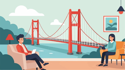 Two people relax indoors with a view of a large suspension bridge