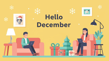 Two people relax indoors with laptops amid festive holiday decor, snowflakes