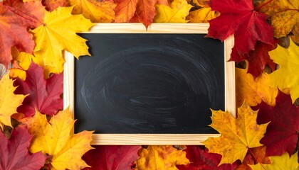 Autumn Blackboard Surrounded by Colorful Maple Leaves.