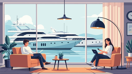 Two people relax indoors with laptops, yachts outside