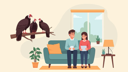 Two people relax on a couch while three vultures perch on a branch nearby