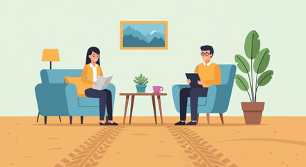 Two people relax in armchairs reading books in a cozy living room