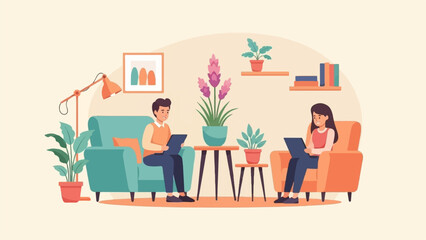 Two people relax in armchairs with laptops in a cozy living room setting