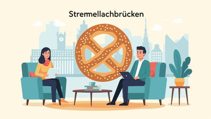 Two people relax in armchairs with a giant pretzel and city skyline behind