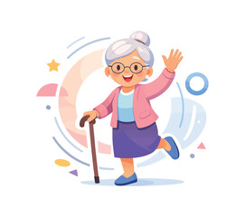 Fototapeta premium Cheerful elderly woman with cane waving hello, flat vector illustration