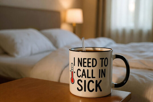 Cozy Coffee and Tea Mug in Bed: Relaxing Home Interior for a Funny, Sick Leave Morning Routine with Comfort Drink and Personal Wellness Atmosphere
