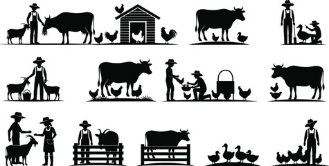 Farm life silhouette set with farmer, cow, goat, chickens, ducks, rural animal care, agriculture activities, and countryside livestock scenes © Mst