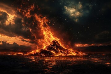 Fototapeta premium Volcanic eruption lights up the sky with fiery lava and dark clouds during twilight