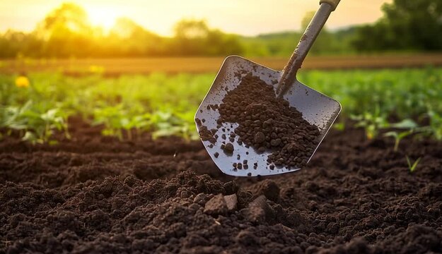 Garden shovel stuck in dark soil, wooden handle with metal spade blade, freshly dug earth with rich texture, green agricultural field in background, rolling hills and farmland landscape