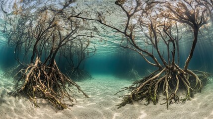 Intricate submerged mangrove roots and branches create a unique underwater forest scene with dappled sunlight filtering through clear turquoise water