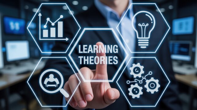 Professional interacting with a learning theories digital interface in a modern workplace