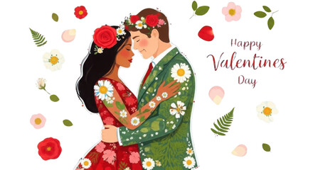 Romantic Valentine's Day illustration of a diverse couple embracing, adorned with red roses, white daisies, and green leaves, surrounded by scattered floral elements and elegant "Happy
