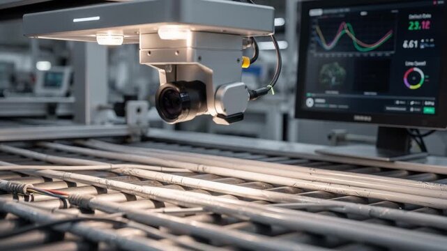 Medium shot of an AIpowered camera system inspecting cords on a manufacturing line highlighting surface defect detection with realtime data analysis.