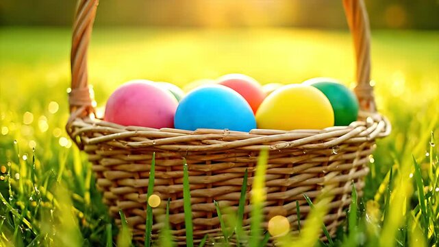 Brightly colored Easter eggs nestle securely inside a woven wicker basket resting gently upon dewy morning grass illuminated by warm sunlight.