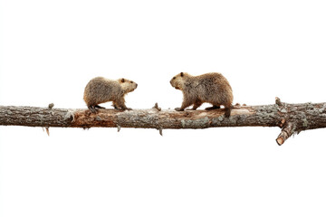 Obraz premium Beavers standing on the same log.