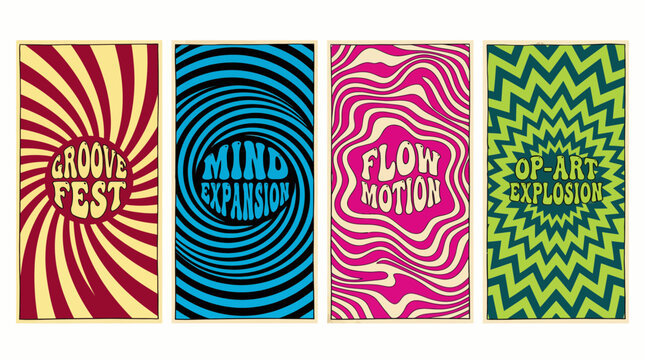 Set of four colorful psychedelic retro vertical posters featuring optical patterns and groovy typography, concept for music festival event, vintage graphic design and aesthetic background element