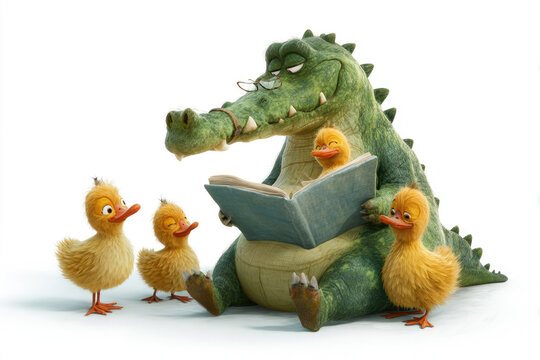 The crocodile reads a fairy tale to the ducklings, a good plot on a white background.