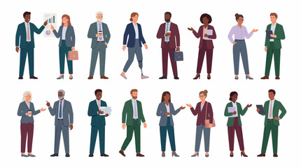 Diverse group of corporate executives and managers in formal attire performing business tasks, concept for professional teamwork representation, HR materials and corporate presentation