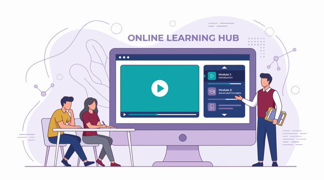 Vector graphic showing online learning on a desktop monitor with modules, a corporate trainer and two diligent students, concept for distance education, e-learning design and professional training