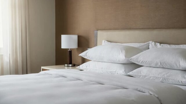 Medium shot featuring hospitality bedding with percale weave emphasizing the breathable matte texture ideal for cool comfortable hotel stays.