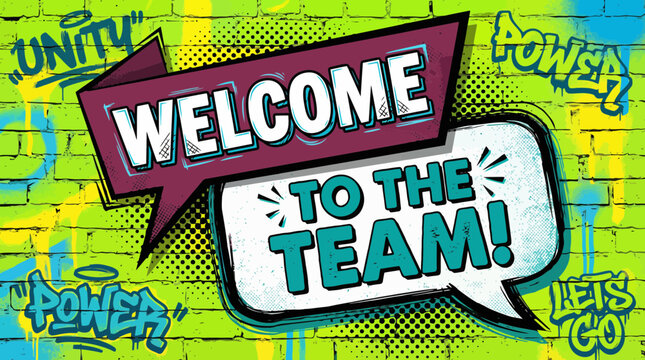 Welcome message in comic speech bubbles on a vibrant neon graffiti brick wall, concept for new employee onboarding, corporate motivation and internal presentation