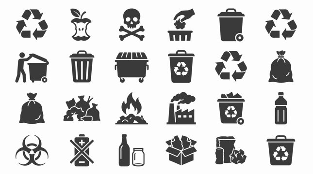 Comprehensive black glyph icons for waste management, recycling and environmental hazards, concept for public service announcements, ecological campaigns and infrastructure design