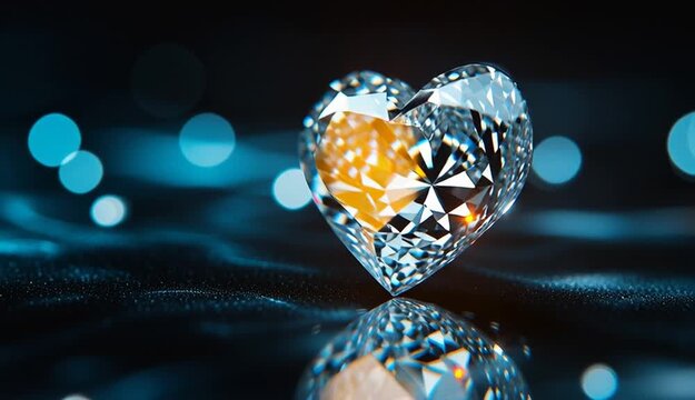 Heart-shaped diamond on dark reflective surface, perfect brilliant cut with visible facets, crystal clear gemstone with internal light refraction, dark black gradient background
