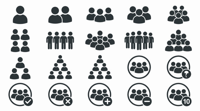 Collection of flat vector icons showing user profiles, group formations and management symbols like add and check, concept for HR management, app development and web design