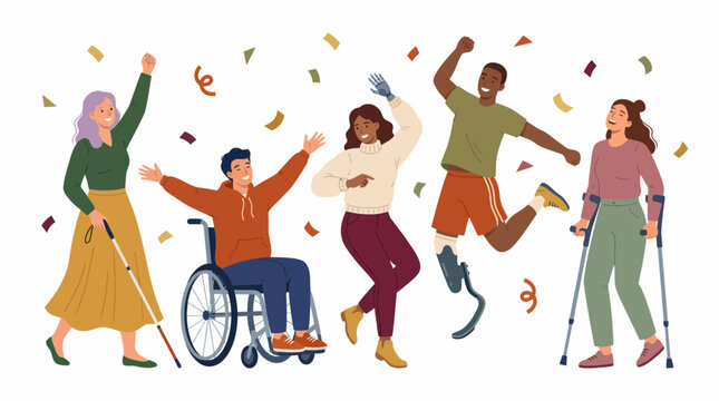 Diverse group of disabled people celebrating happily with colorful confetti in a dynamic illustration, concept for human rights presentations, disability awareness and social equity projects