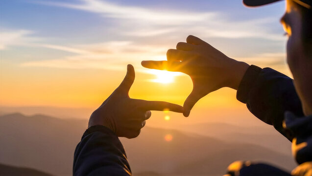 Close up shot of a man's hands making a frame gesture around the setting sun with mountains in the background during golden hour