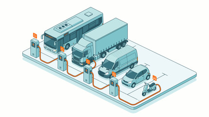 Obraz premium Detailed isometric illustration of diverse electric vehicles charging at a station setup, concept for green energy promotion, fleet electrification and sustainable transportation