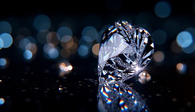Heart-shaped diamond on dark reflective surface, perfect brilliant cut with visible facets, crystal clear gemstone with internal light refraction, dark black gradient background
