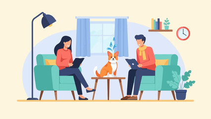 Two people and a dog sitting on sofas in a living room