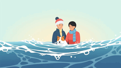 Obraz premium Two people and a dog wading in ocean waves