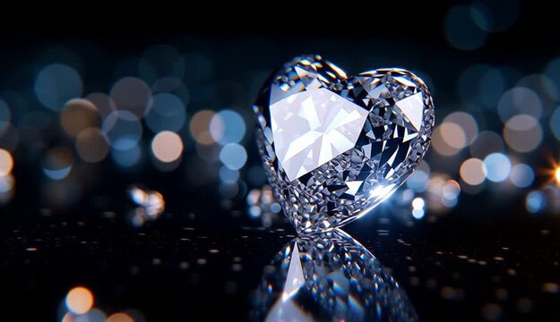 Heart-shaped diamond on dark reflective surface, perfect brilliant cut with visible facets, crystal clear gemstone with internal light refraction, dark black gradient background
