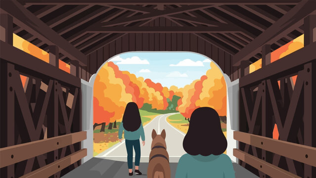 Two people and a dog walk out of a covered bridge into an autumn landscape