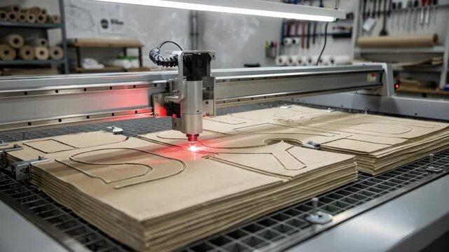 Medium shot of an automated fabric cutting gantry precisely tracing bag patterns on stacked canvas using a highpowered laser highlighting clean intricate detailing in a modern