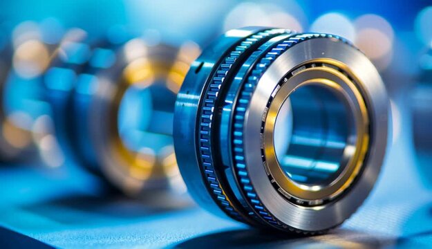 Industrial ball bearings on metal surface, close-up macro photography of cylindrical roller bearings, metallic steel rings with visible ball bearings inside