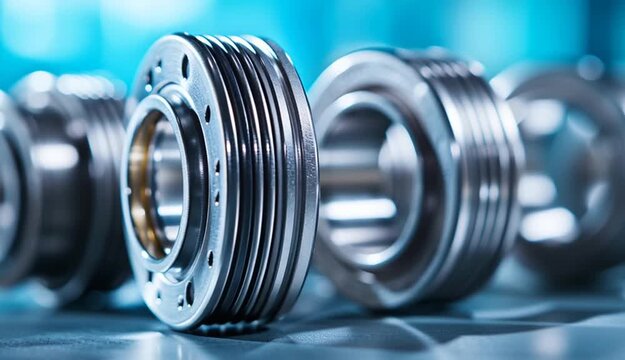 Industrial ball bearings on metal surface, close-up macro photography of cylindrical roller bearings, metallic steel rings with visible ball bearings inside