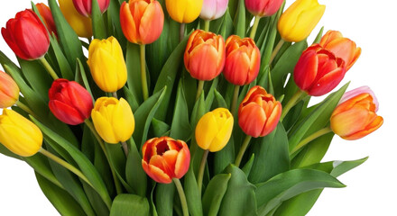 Obraz premium Vibrant bouquet of fresh red, orange, and yellow tulips with lush green leaves, showcasing delicate petals and strong stems. isolated PNG with Transparent Background