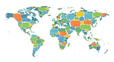 World Map Composed of Colorful Speech Bubbles Representing Global Communication and Languages